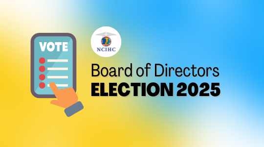 Board of Directors election 2025 graphic with yellow and light blue background. Icon shows a hand voting on a phone.